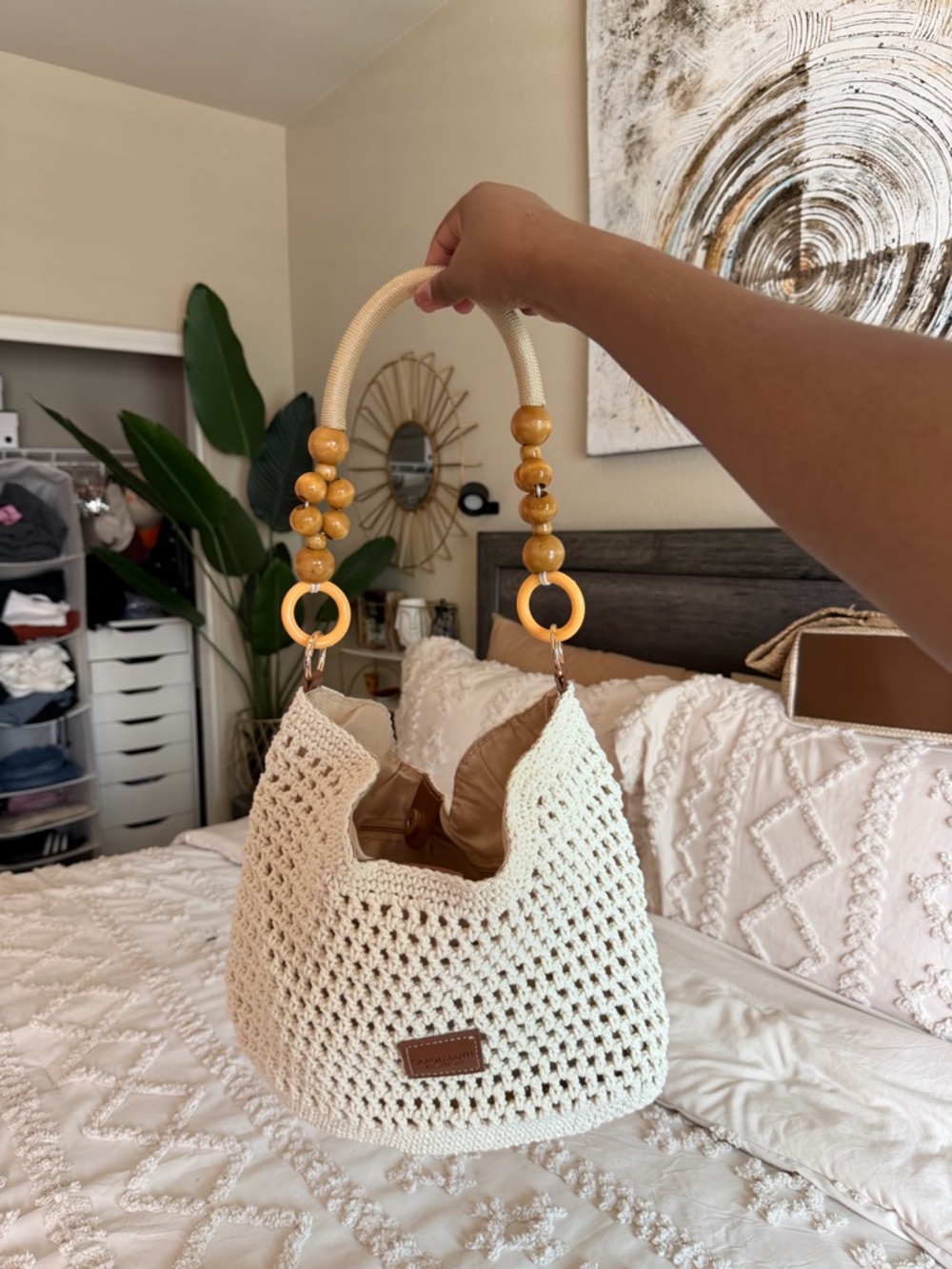 Cream Crochet Beaded-Handle Shoulder Bag